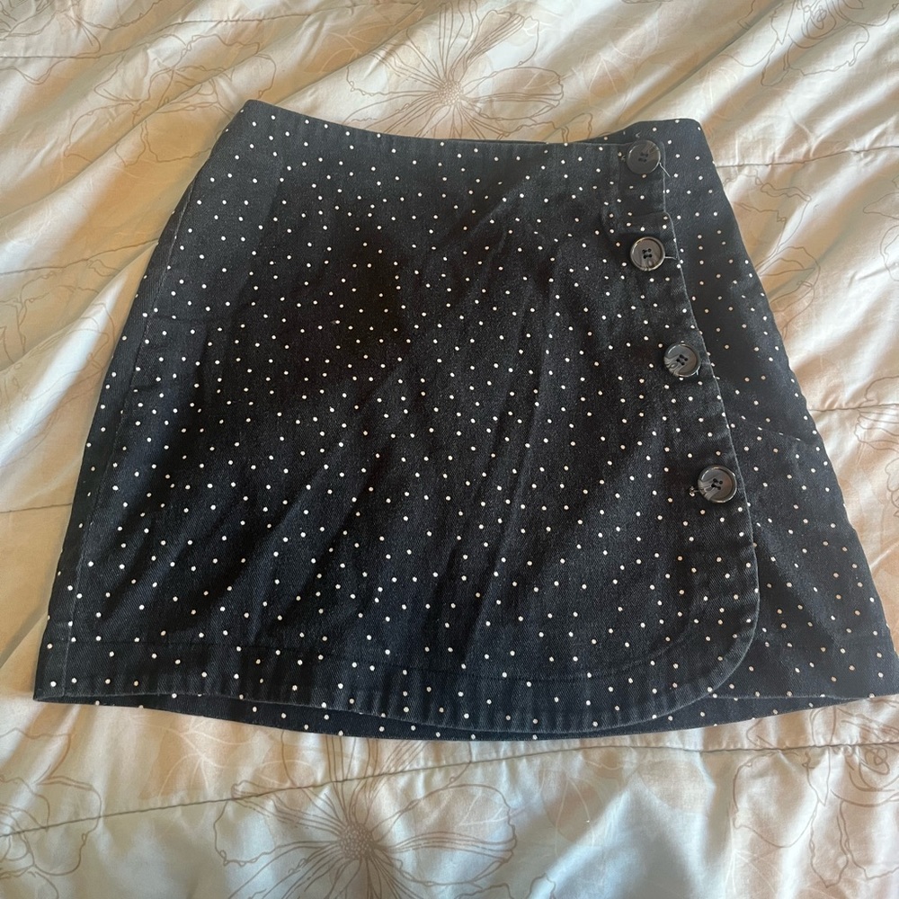 francesca’s black denim wrap skirt with buttons and polka dots